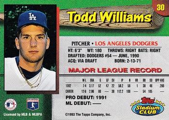1993 Stadium Club Los Angeles Dodgers #30 Todd Williams Back