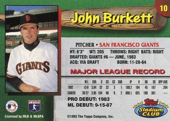 1993 Stadium Club San Francisco Giants #10 John Burkett  Back