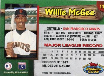 1993 Stadium Club San Francisco Giants #11 Willie McGee Back