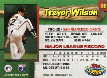 1993 Stadium Club San Francisco Giants #22 Trevor Wilson  Back