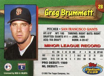 1993 Stadium Club San Francisco Giants #28 Greg Brummett  Back