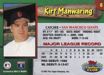 1993 Stadium Club San Francisco Giants #6 Kirt Manwaring  Back