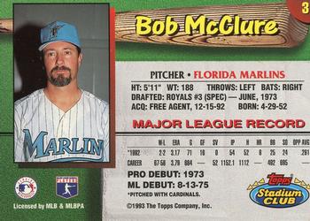1993 Stadium Club Florida Marlins #3 Bob McClure Back