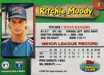 1993 Stadium Club Texas Rangers #2 Ritchie Moody  Back