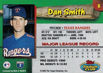1993 Stadium Club Texas Rangers #6 Dan Smith  Back