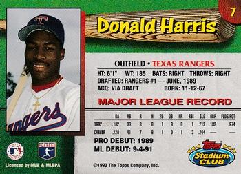 1993 Stadium Club Texas Rangers #7 Donald Harris  Back