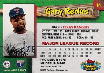 1993 Stadium Club Texas Rangers #14 Gary Redus  Back