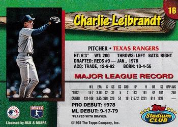1993 Stadium Club Texas Rangers #16 Charlie Leibrandt  Back