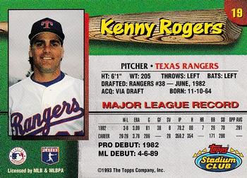 1993 Stadium Club Texas Rangers #19 Kenny Rogers  Back