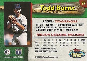 1993 Stadium Club Texas Rangers #27 Todd Burns  Back