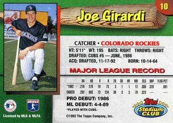 1993 Stadium Club Colorado Rockies #10 Joe Girardi  Back