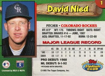1993 Stadium Club Colorado Rockies #1 David Nied  Back