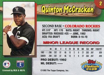 1993 Stadium Club Colorado Rockies #2 Quinton McCracken  Back