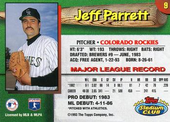 1993 Stadium Club Colorado Rockies #9 Jeff Parrett  Back