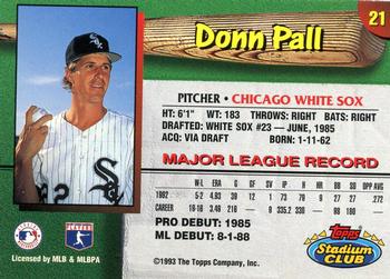 1993 Stadium Club Chicago White Sox #21 Donn Pall  Back