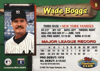 1993 Stadium Club New York Yankees #5 Wade Boggs  Back