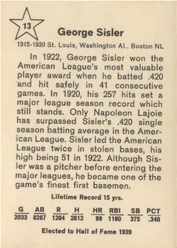 1961 Golden Press Hall of Fame Baseball Stars #13 George Sisler Back