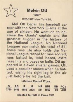 1961 Golden Press Hall of Fame Baseball Stars #1 Mel Ott Back