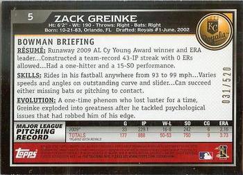 2010 Bowman - Blue #5 Zack Greinke Back