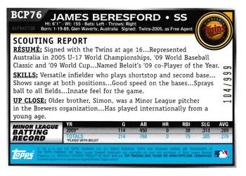 2010 Bowman - Chrome Prospects Purple Refractors #BCP76 James Beresford Back