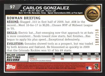 2010 Bowman - Orange #97 Carlos Gonzalez Back