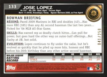 2010 Bowman - Orange #133 Jose Lopez Back