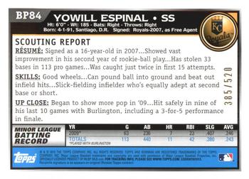 2010 Bowman - Prospects Blue #BP84 Yowill Espinal Back