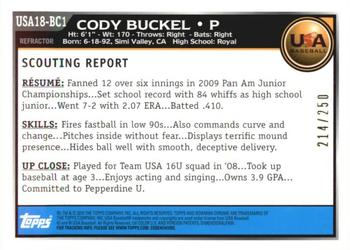 2010 Bowman Chrome - 18U USA Baseball Blue Refractors #USA18-BC1 Cody Buckel Back