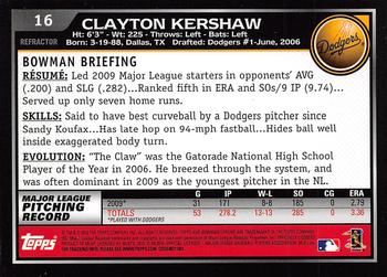 2010 Bowman Chrome - Refractors #16 Clayton Kershaw Back