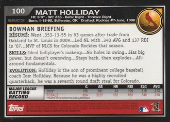 2010 Bowman Chrome - Refractors #100 Matt Holliday Back