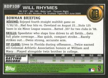 2010 Bowman Draft Picks & Prospects - Gold #BDP108 Will Rhymes Back