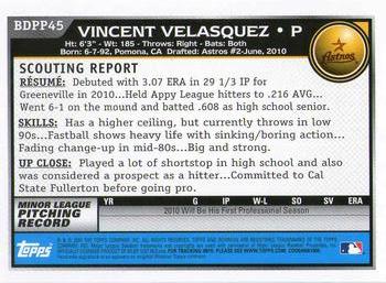 2010 Bowman Draft Picks & Prospects - Prospects #BDPP45 Vincent Velasquez Back