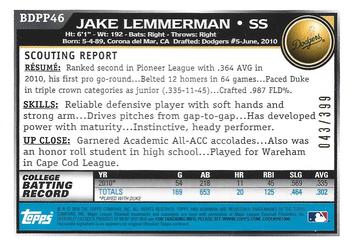 2010 Bowman Draft Picks & Prospects - Prospects Blue #BDPP46 Jake Lemmerman Back