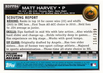 2010 Bowman Draft Picks & Prospects - Prospects Blue #BDPP84 Matt Harvey Back