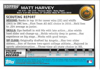 2010 Bowman Draft Picks & Prospects - Chrome Prospect Autographs #BDPP84 Matt Harvey Back