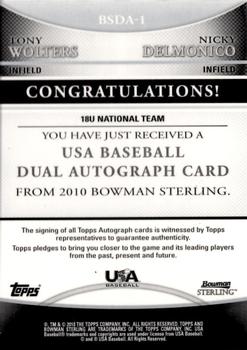 2010 Bowman Sterling - USA Baseball Dual Autographs #BSDA-1 Tony Wolters / Nicky Delmonico Back
