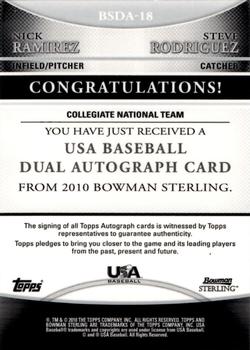 2010 Bowman Sterling - USA Baseball Dual Autographs #BSDA-18 Nick Ramirez / Steve Rodriguez Back