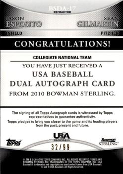 2010 Bowman Sterling - USA Baseball Dual Autographs Refractors #BSDA-17 Jason Esposito / Sean Gilmartin Back