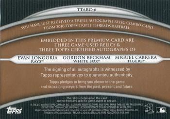 2010 Topps Triple Threads - Autograph Relic Combos Sepia #TTARC-6 Evan Longoria / Gordon Beckham / Miguel Cabrera Back
