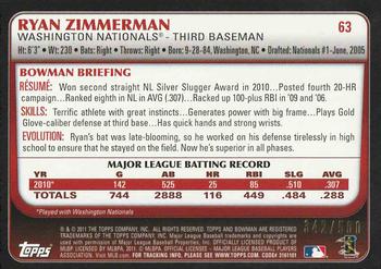 2011 Bowman - Blue #63 Ryan Zimmerman Back