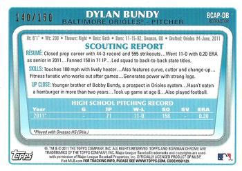 2011 Bowman Draft Picks & Prospects - Chrome Prospect Autographs Blue Refractors #BCAP-DB Dylan Bundy Back