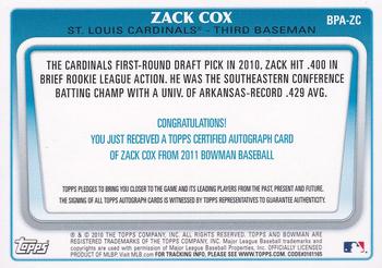2011 Bowman - Prospect Autographs #BPA-ZC Zack Cox Back