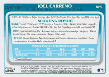 2011 Bowman - Prospects Blue #BP22 Joel Carreno Back