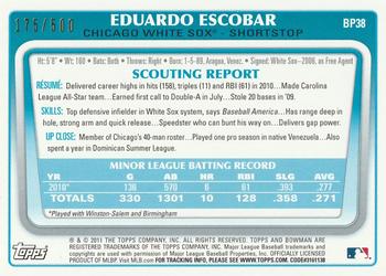 2011 Bowman - Prospects Blue #BP38 Eduardo Escobar Back