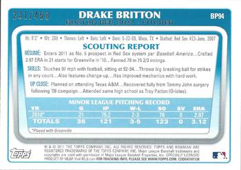 2011 Bowman - Prospects Green #BP94 Drake Britton Back