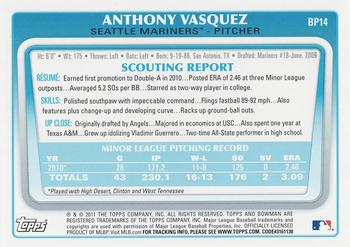 2011 Bowman - Prospects International #BP14 Anthony Vasquez Back