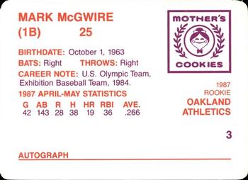 1987 Mother's Cookies Mark McGwire #3 Mark McGwire Back