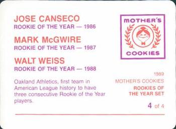 1989 Mother's Cookies Rookies of the Year #4 Walt Weiss / Mark McGwire / Jose Canseco Back