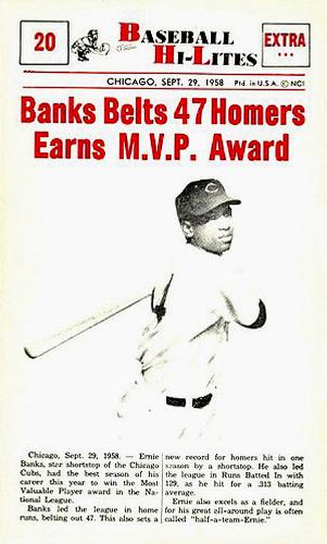 1960 Nu-Cards Baseball Hi-Lites #20 Banks Belts 47 Homers  Earns M.V.P. Award Front