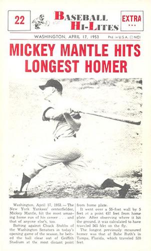 1960 Nu-Cards Baseball Hi-Lites #22 Mickey Mantle Hits Longest Homer Front